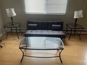 Faux Leather Futon Couch W/ Glass Coffee Table Set