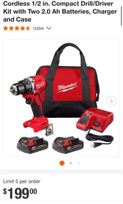 Milwaukee M18 18V Lithium-Ion Brushless Cordless 1/2 in. Compact Drill/Driver Kit with Two 2.0 Ah Batteries, Charger and Bag.