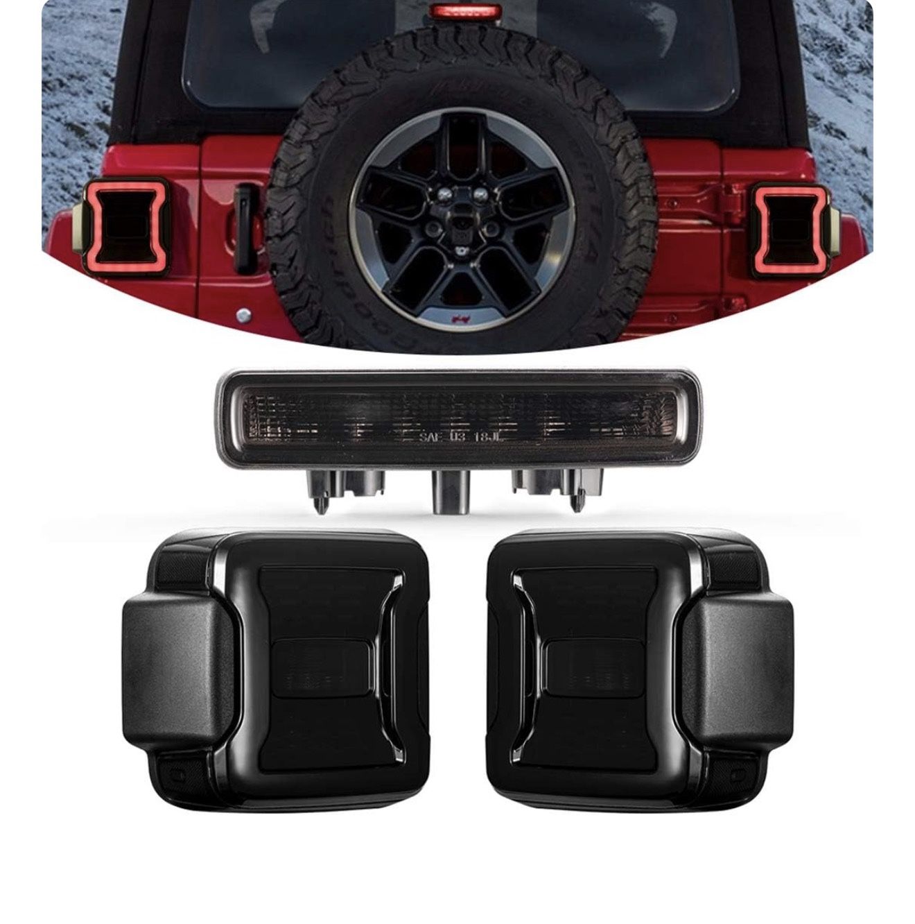 Kiwi Master Smoked LED Tail Lights & 3rd Brake Light Set for 2018-2025 Jeep Wrangler JL/4xe Accessories Third Brake Light High Mount Stop Light Revers