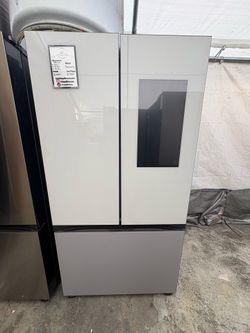 Samsung Bespoke Refrigerator With Family Hub And Beverage Center In Grey And White Glass