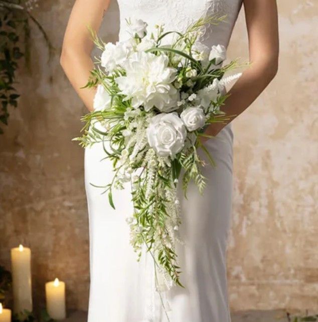 Faux Cascade Bridal Bouquet Green & White