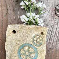 Artisan made signed clay glazed wall pocket for flowers