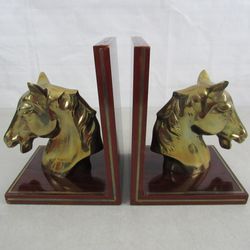 Brass Horse Head Vintage Bookends On Wood Base-Made In Korea

