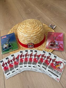 One Piece x Round 1 Bundle - 10 SEALED Promo Packs + Luffy Hat + 2 Keychains