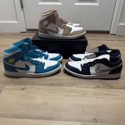 Jordan 1’s (tan gum,  aquatone, midnight navy)