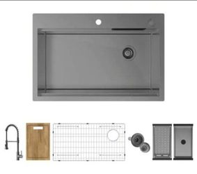 Glacier Bay Zero Radius 33 in. Drop-In 50/50 Double Bowl 18 Gauge Stainless Steel Workstation Kitchen Sink with Spring Neck Faucet
