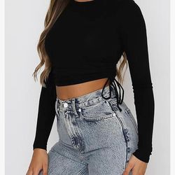 Black Crop Top with Gathered Sides, Long Sleeve Ribbed Fitted, Medium, NWOT
