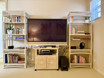 Wicker Book Cases, 60 inch TV and Stand, Blue Ray Player