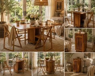 Vintage Scandinavian-Style Drop Leaf Dining Table with Four Folding Chairs & Stowaway Storage
