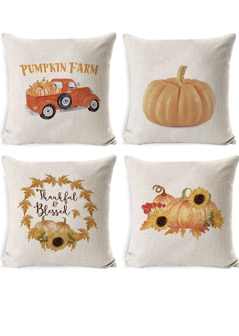 DUSEN Decorative Throw Pillow Covers for Couch, Sofa, or Bed Set of 4 18 x 18 inch Farmhouse Fall Pumpkin Cotton Linen Cusion Cover (Fall Pumpkin 1)