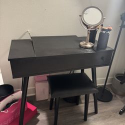 Black Vanity Desk Set with LED Lighted Mirror 