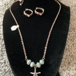 2 Tone(silver/gold)necklace With Aqua Colored Precious Stones.fresh Water Small Pearl Attached To Extension 