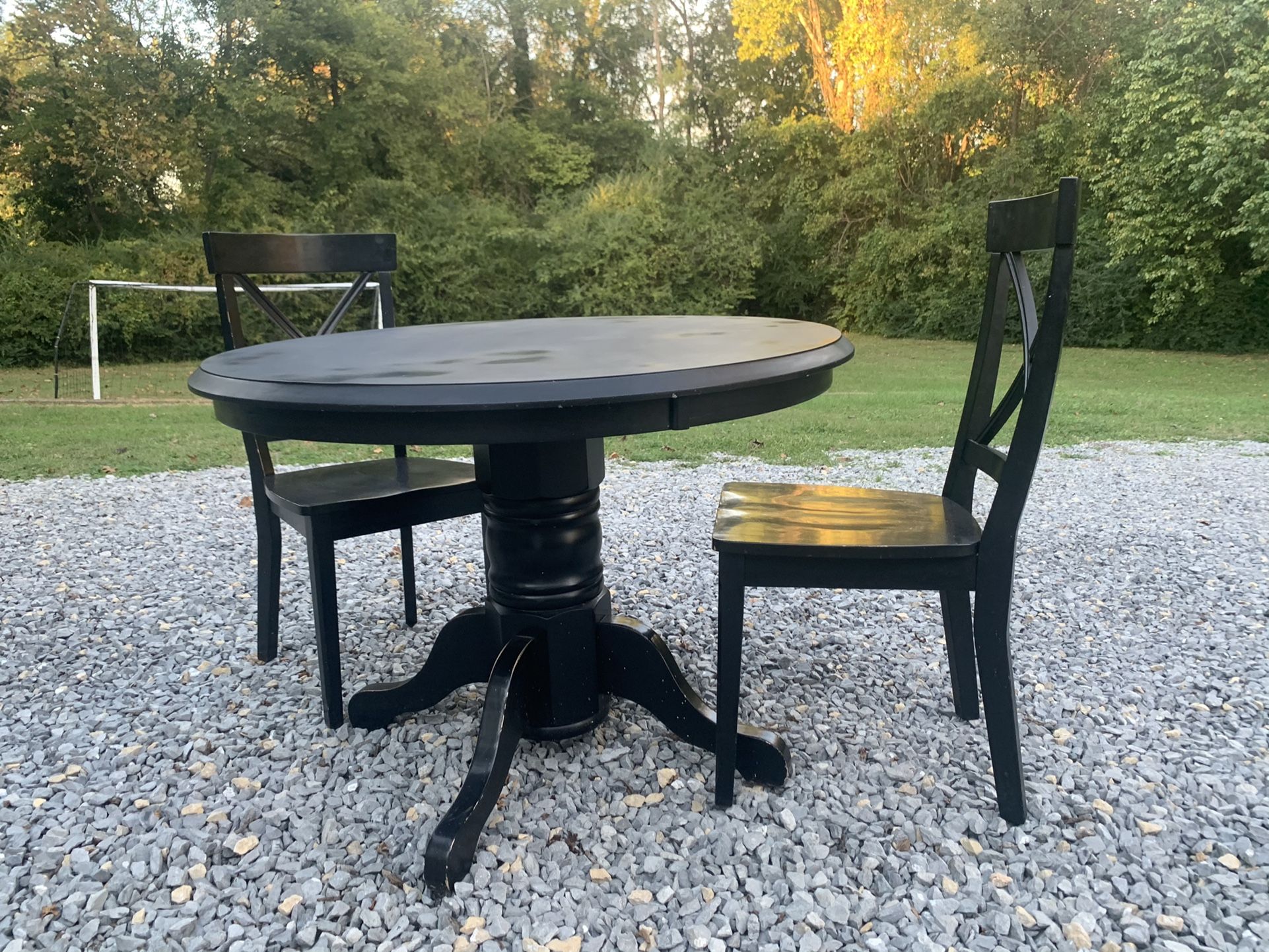 Black wood round table 2 black wood chairs  