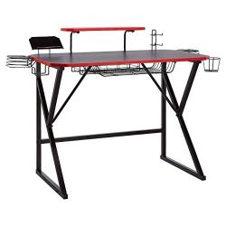 Black Red Trim Gaming Computer Desk w Storage For Controller Headphone & Speaker