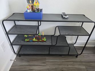 Black Metal and Wood Multi-Tier Shelf Unit