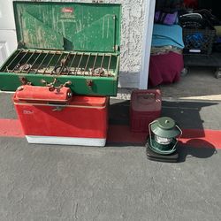 Coleman camping set stove , ice chest , lantern