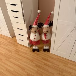 Pair Standing Plush Christmas Reindeer Couple Red Plaid & Faux Fur Decor