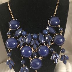 Vintage Navy Blue Cabochons & Beads Necklace Bib Statement With Gold Tone Accents 15” Drop