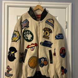 VTG 90’S JEFF HAMILTON NBA OLD SCHOOL LOGO CREAM WOOL  JACKET SIZE 6 FITS 31x33