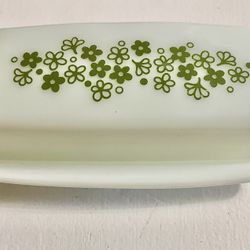 VINTAGE PYREX GREEN FLOWER BUTTER DISH CONTAINER WHITE GREEN