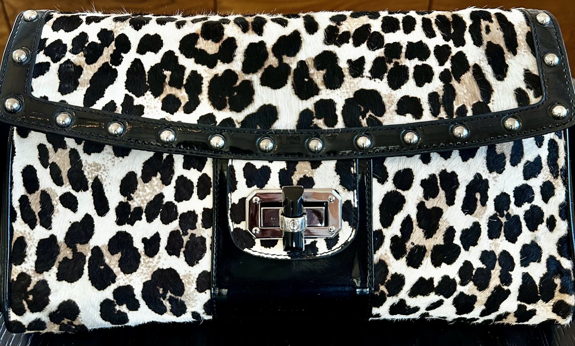 White House Black Market Crossbody/Clutch Leopard Print Fur & Patent Leather Bag