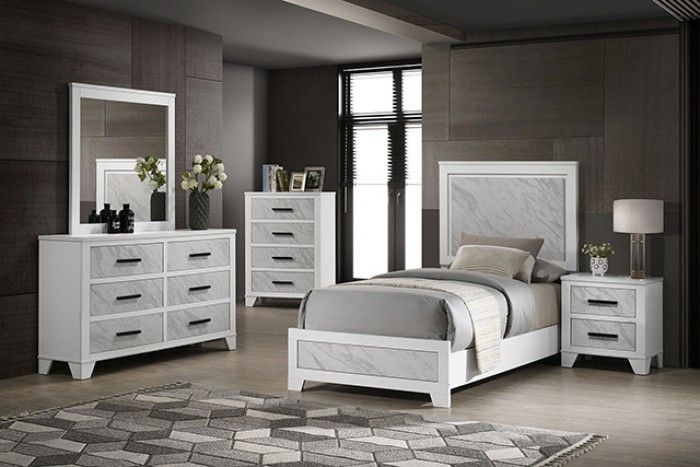 WHITE TWIN SIZE BEDROOM 4 PIECE SET BED DRESSER MIRROR NIGHTSTAND - RECAMARA