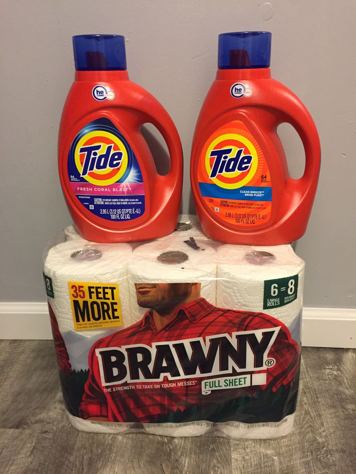 2tide liquid 100oz 64loads 1Brawny pt 6rolls bundle for $25 firm price/ pick up Gahanna
