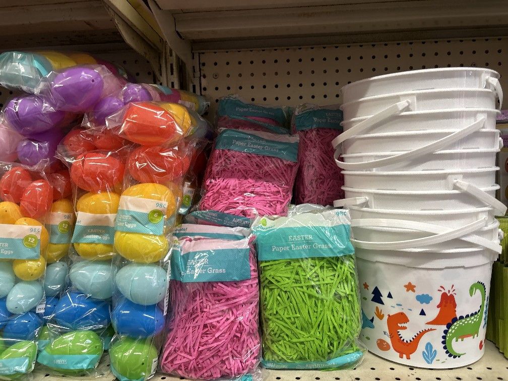 Easter Eggs, Baskets And Paper Grass