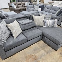 NEW Grey Reversible Sofa Chaise  Drop-Down Table  &  Charging Ports!