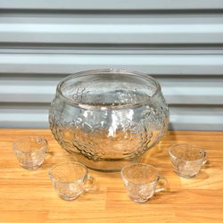 Vintage Clear Glass Punch Bowl Set with 4 Cups Embossed Grape Cluster Pattern  Beautiful clear glass punch bowl set with 4 matching handled cups, feat