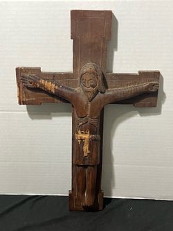 Antique South American Hand Carved Wood Crucifix Cross Folk Art