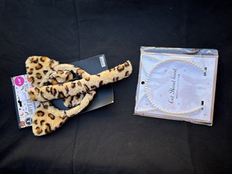 Leopard Print Cat Ear Headband and Pearl Cat Headband Set
