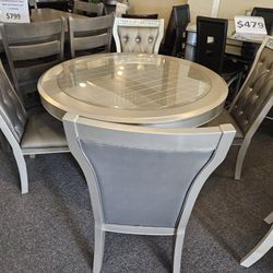 Brand New 48" Round Silver Glass Dining Table + 4 Chairs