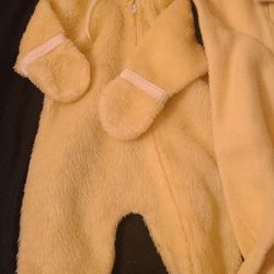 Baby Yellow Boy Or Girl fuzzy fleece 0-9, middle up to 28"/ 15-20 lb, right sleeper same. East West