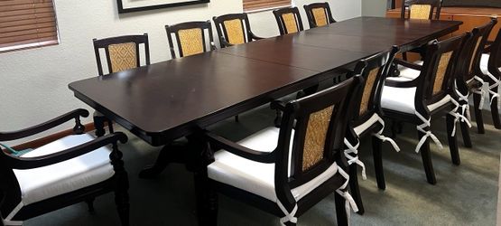 Vintage Mahogany Dining/Conference Table + 12 Wicker-Back Chairs
