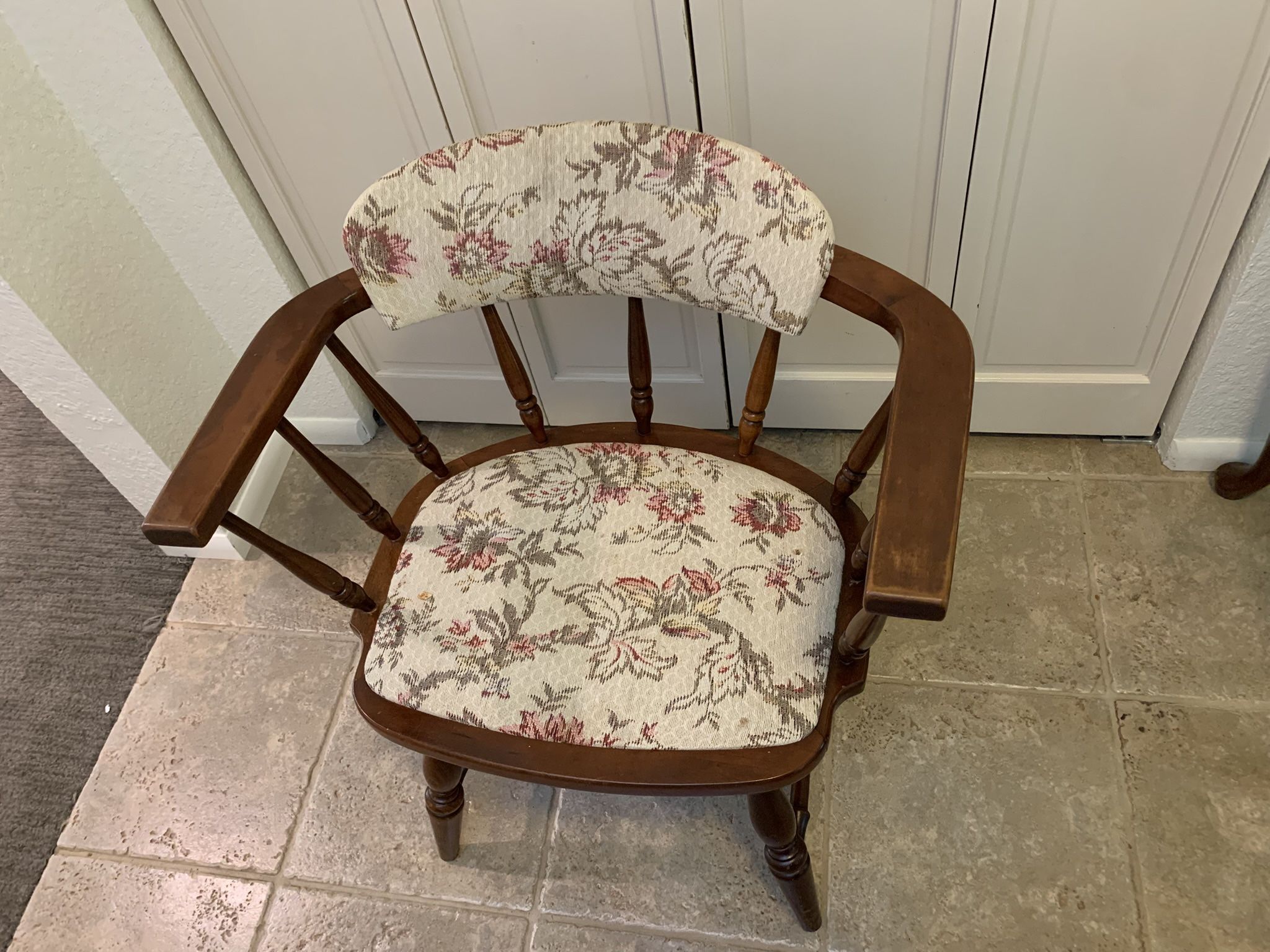 Vintage Wood Arm Chair with Floral Printed Fabric - Seat of 2