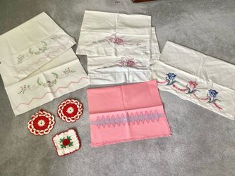 Lot of 8 Vintage Embroidered / Crocheted Pillowcases + Kitchen Items