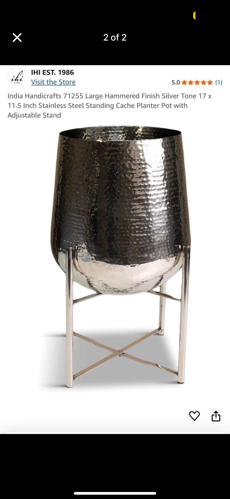 Large Hammered Finish Silver Tone 17 x 11.5 Inch Stainless Steel Planting Pot