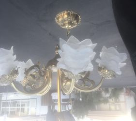 Vintage French Crystal Brass Chandelier Gorgeous Satin Glass Roses Flowers .  Stunning Shape!  I Have 200 Pieces Lighting. Wall Sconces Lamps Pendants