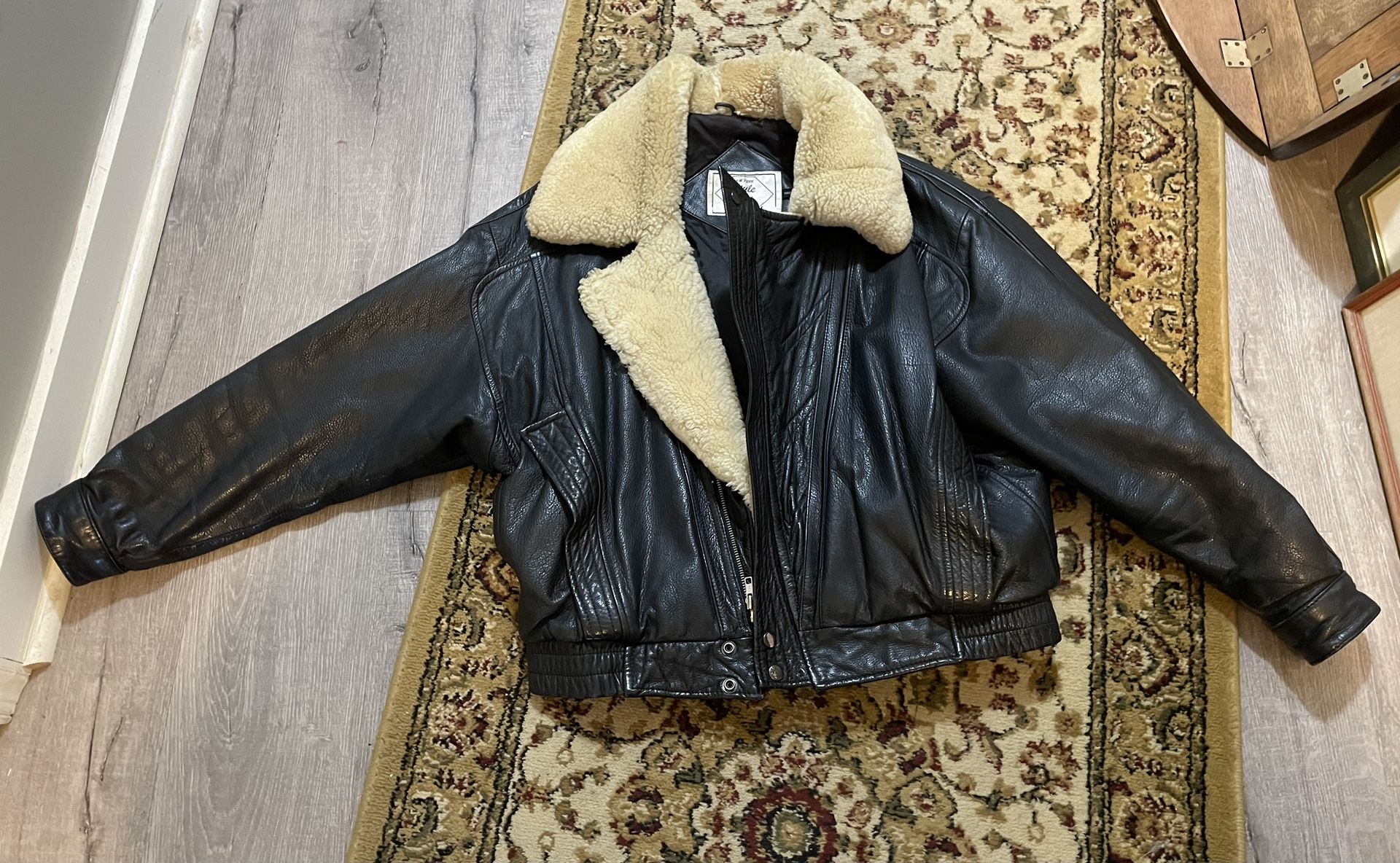 Rare Vintage New York Style Aviator Bomber Real Leather Jacket Coat Faux Fur 40