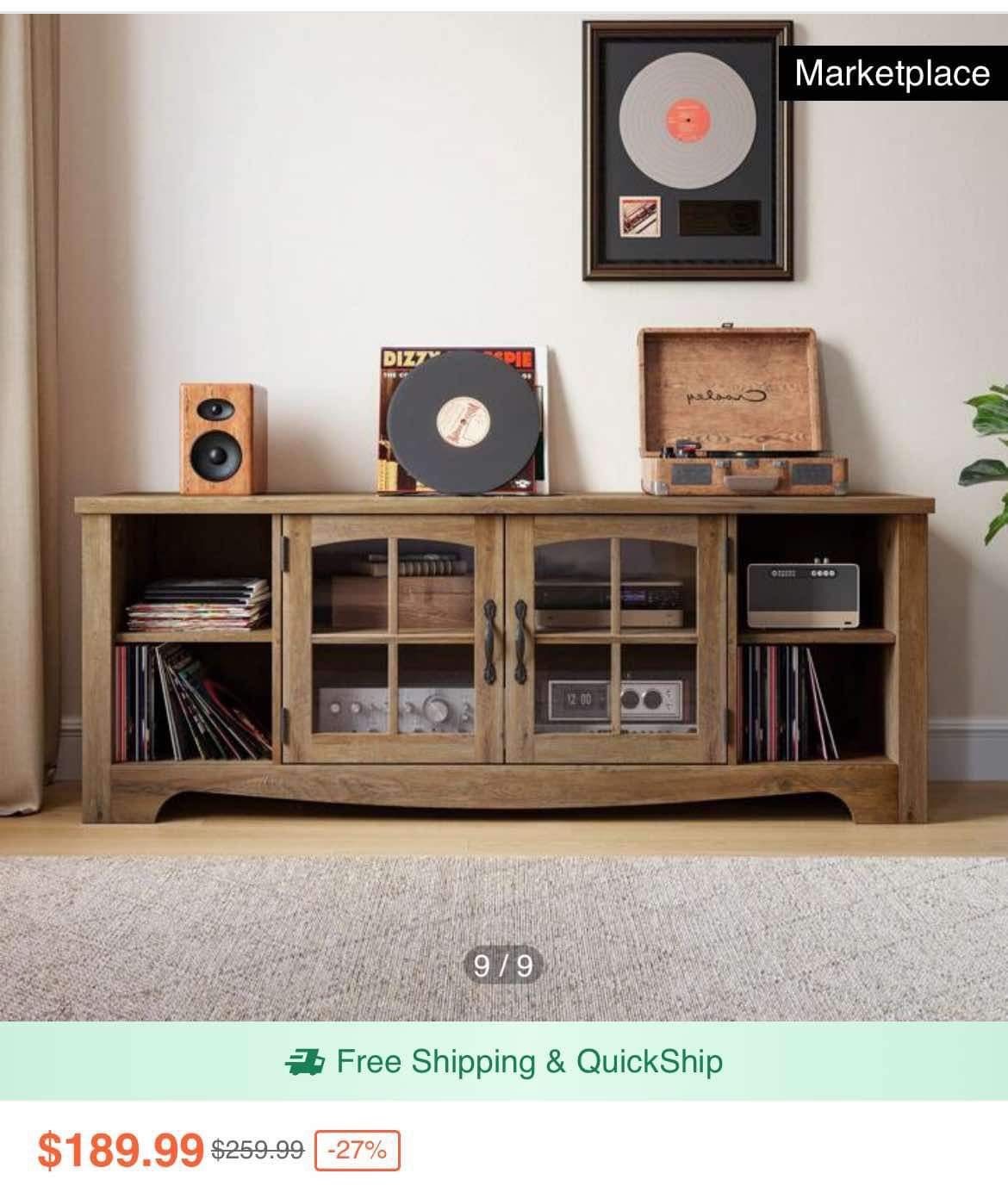 TV Stand For 65 Inch TV, Wood Entertainment Center With Glass Door Storage Cabinet & Adjustable Shelves, Large Sturdy TV Console Table For Living Room