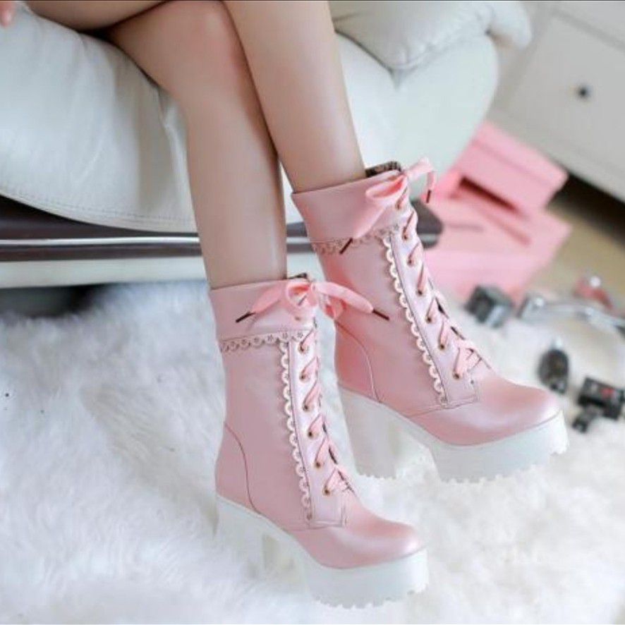 NEW Platform Pink chunky heels mid calf boots