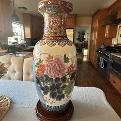 29” high Asian Pottery Vase with Wooden Base