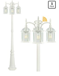 3-Pack White Triple-Head Outdoor Lamp Posts with Dusk-to-Dawn Sensor