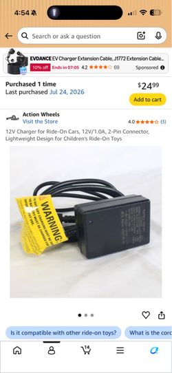Action wheels 12V Charger for Ride-On Cars, 12V/1.0A, 2-Pin Connector, Lightweight Design for Children's Ride-On Toys