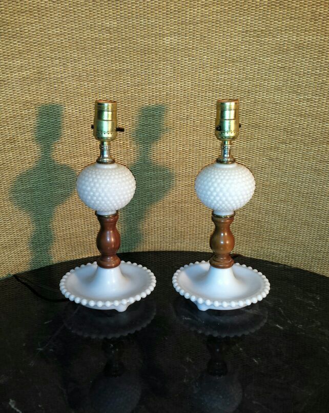 Vintage a Set of Leviton Milk Glass Hobnail Lamps.