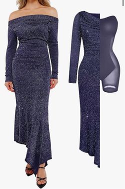 Popilush Navy Blue Glitter Off-Shoulder Maxi Dress