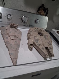 1997  star wars Vintage Lucas film HASBRO imperial star destroyer with lights and sounds.    and  
1995 Kewis Galoob Micro machines Millennium Falcon 