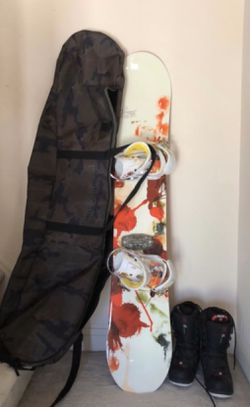 Snowboard, binding, boots, bag, basic repair kit