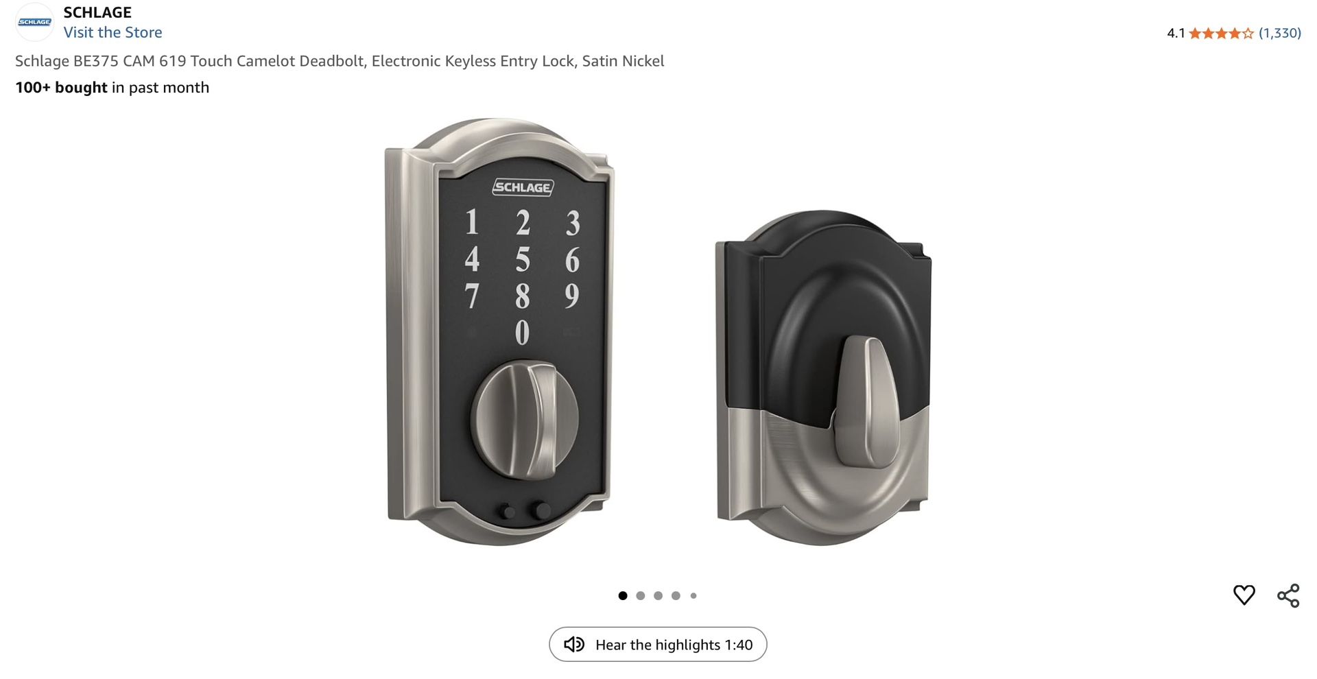 Schlage BE375 CAM 619 Touch Camelot Deadbolt, Electronic Keyless Entry Lock, Satin Nickel.